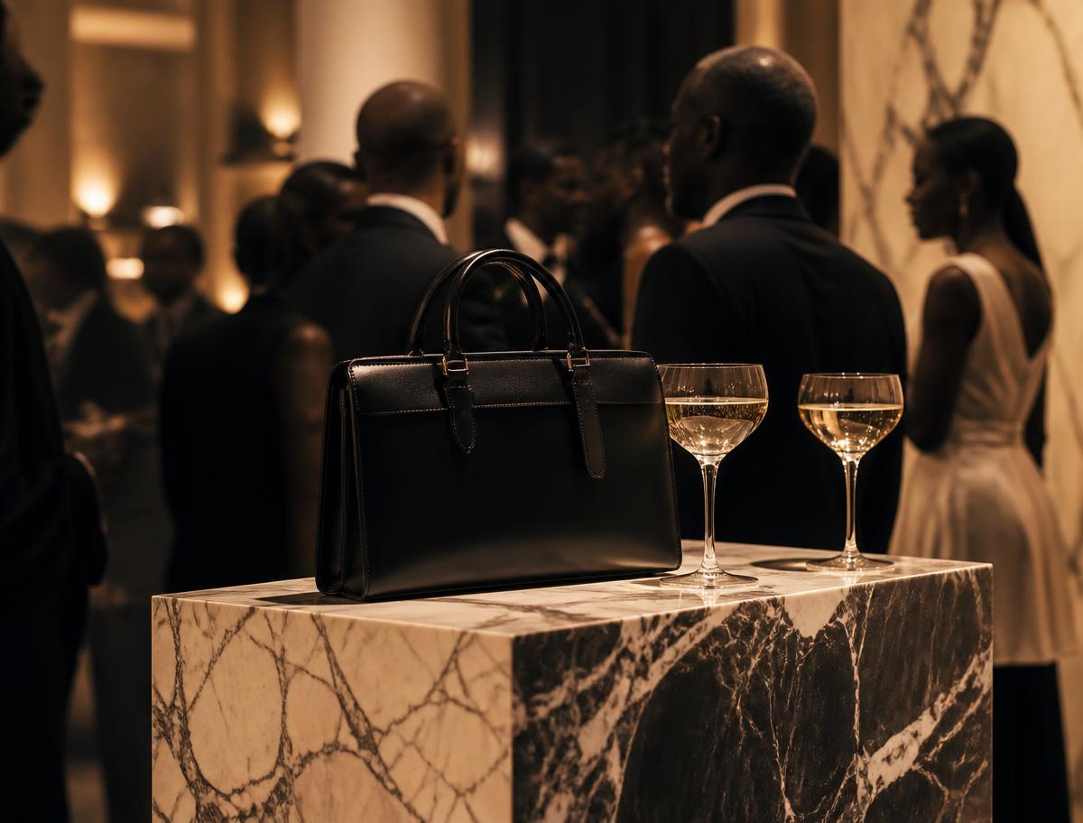 Unbranded luxury product display on marble at an evening gala