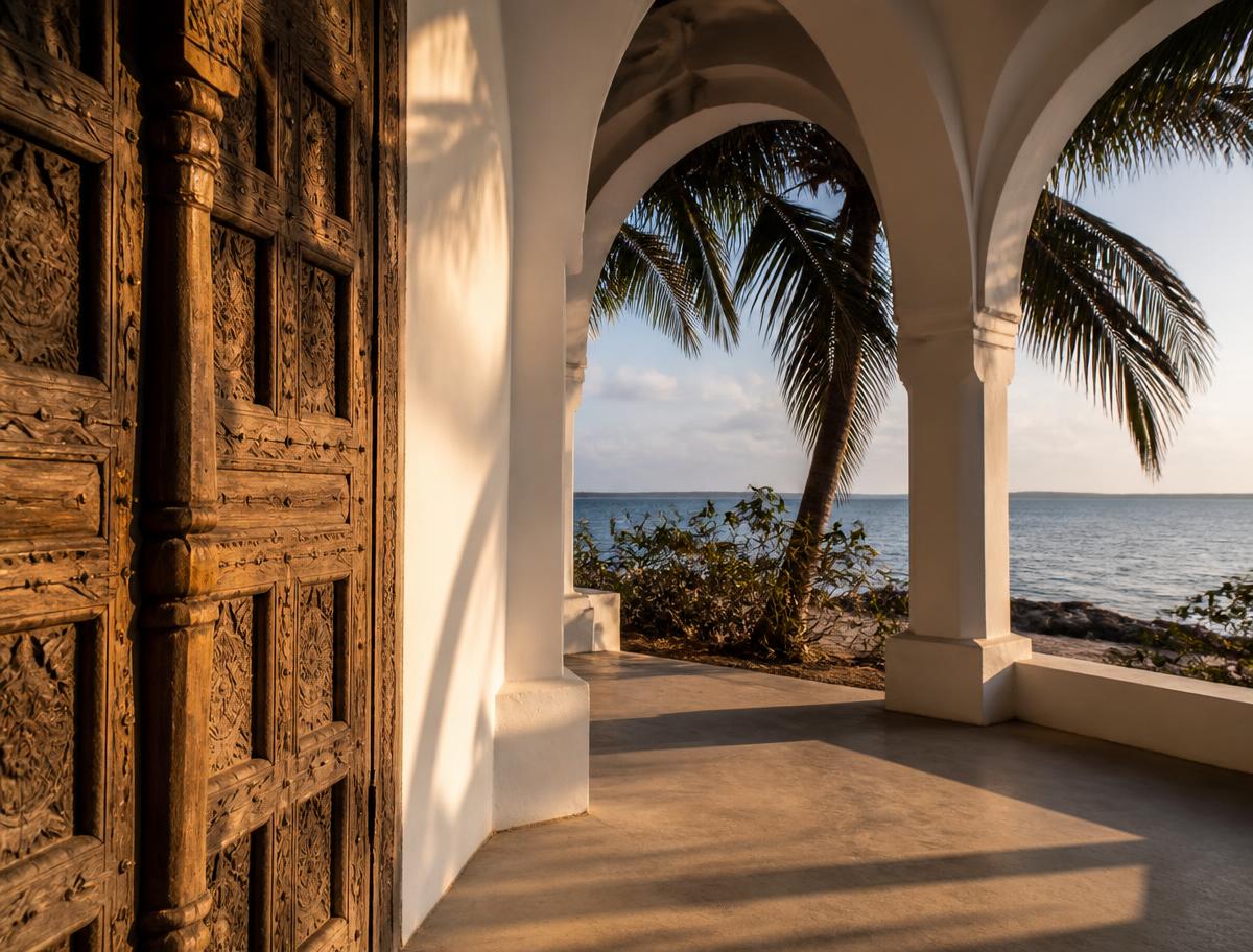 Carved Swahili doors and whitewashed arches opening onto the Indian Ocean