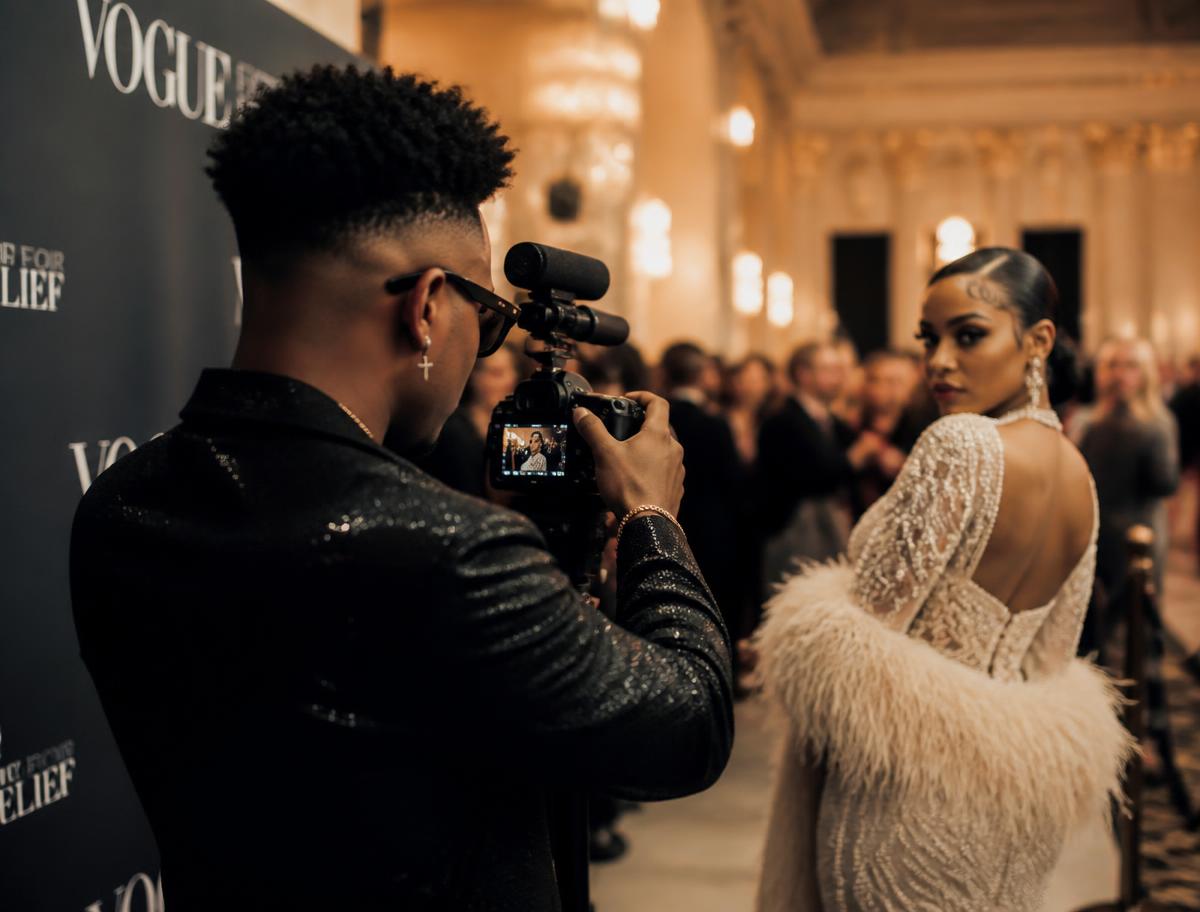 Content creator filming a model on the red carpet at the gala