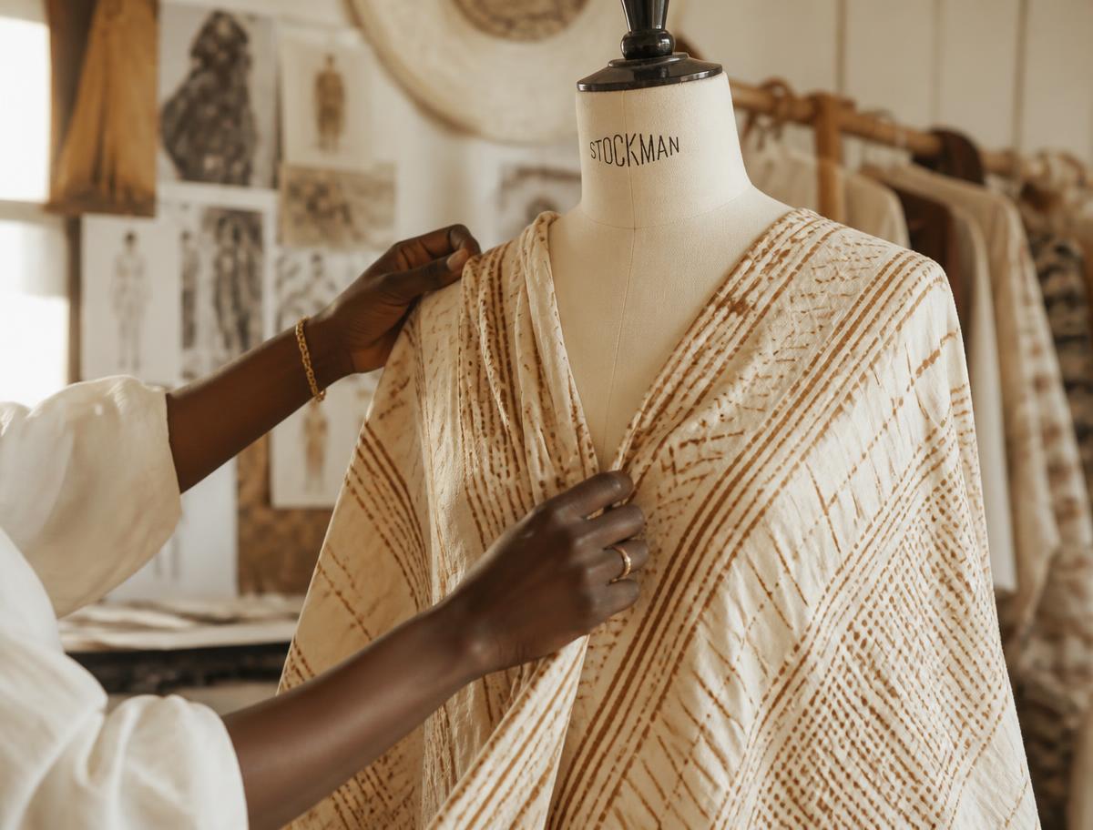 Designer draping hand-dyed textile on a mannequin in an atelier