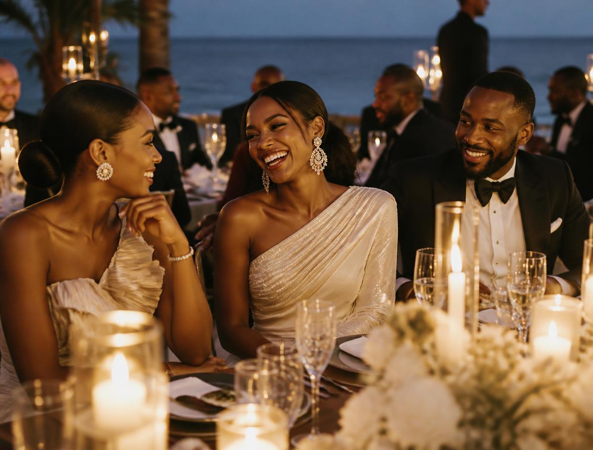Elegantly dressed guests laughing at a candlelit black-tie coastal gala