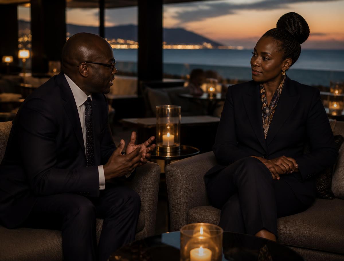 Two business professionals in conversation at a coastal luxury lounge at dusk