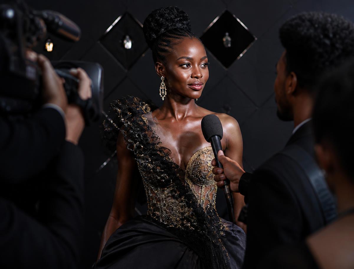 Model in couture being interviewed on camera at the gala press wall
