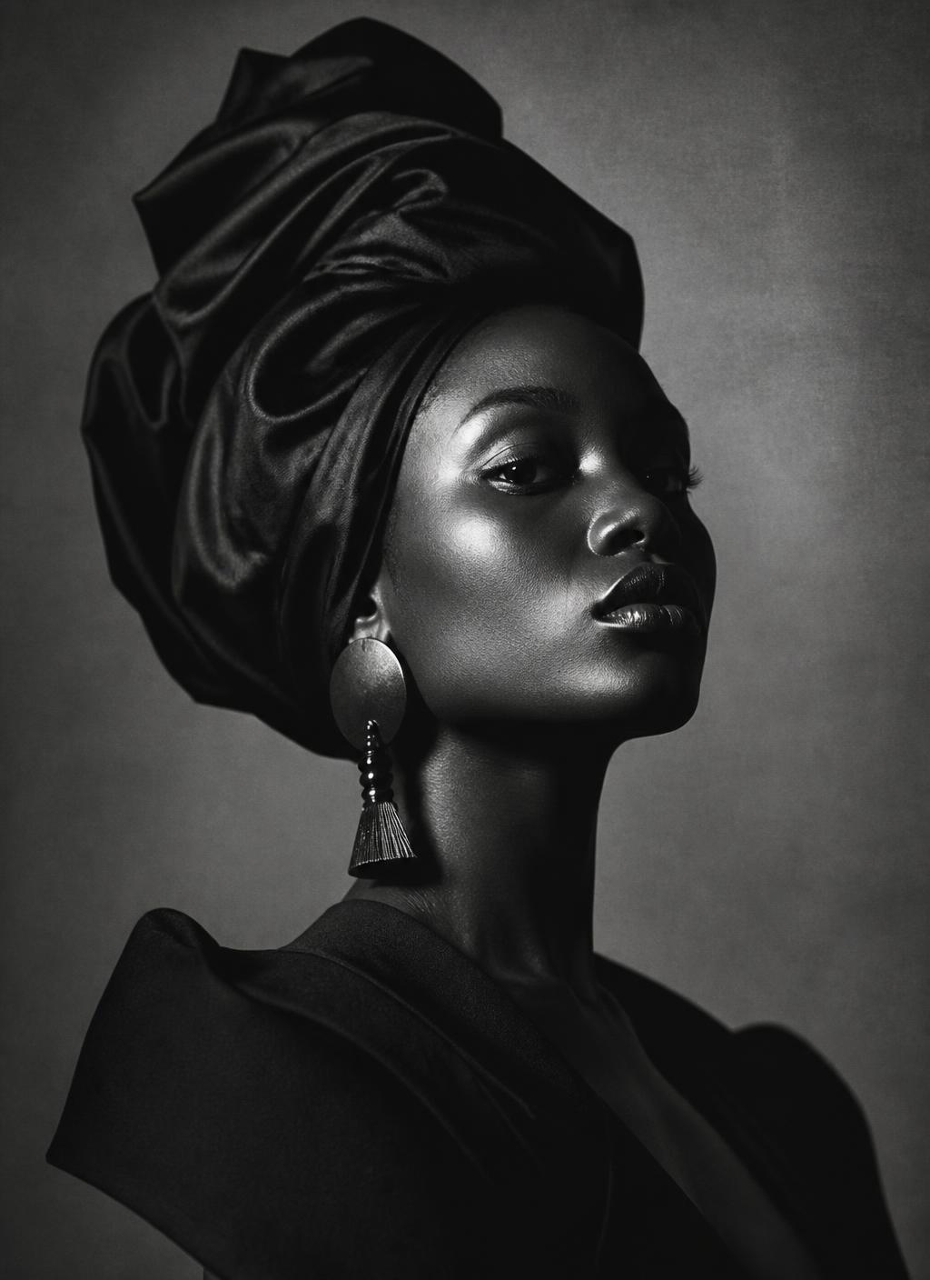 Black and white editorial portrait of an African model