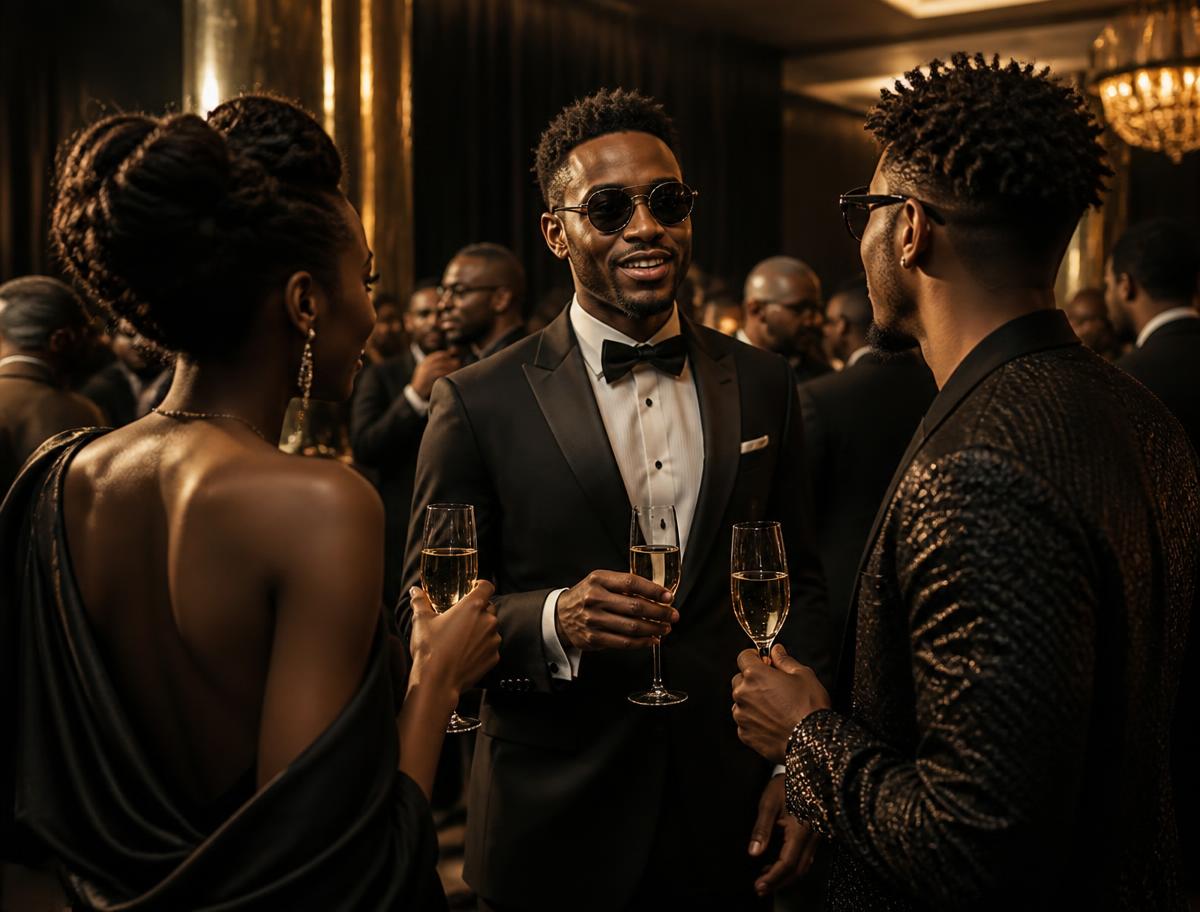 Guests in black tie networking with champagne at the gala