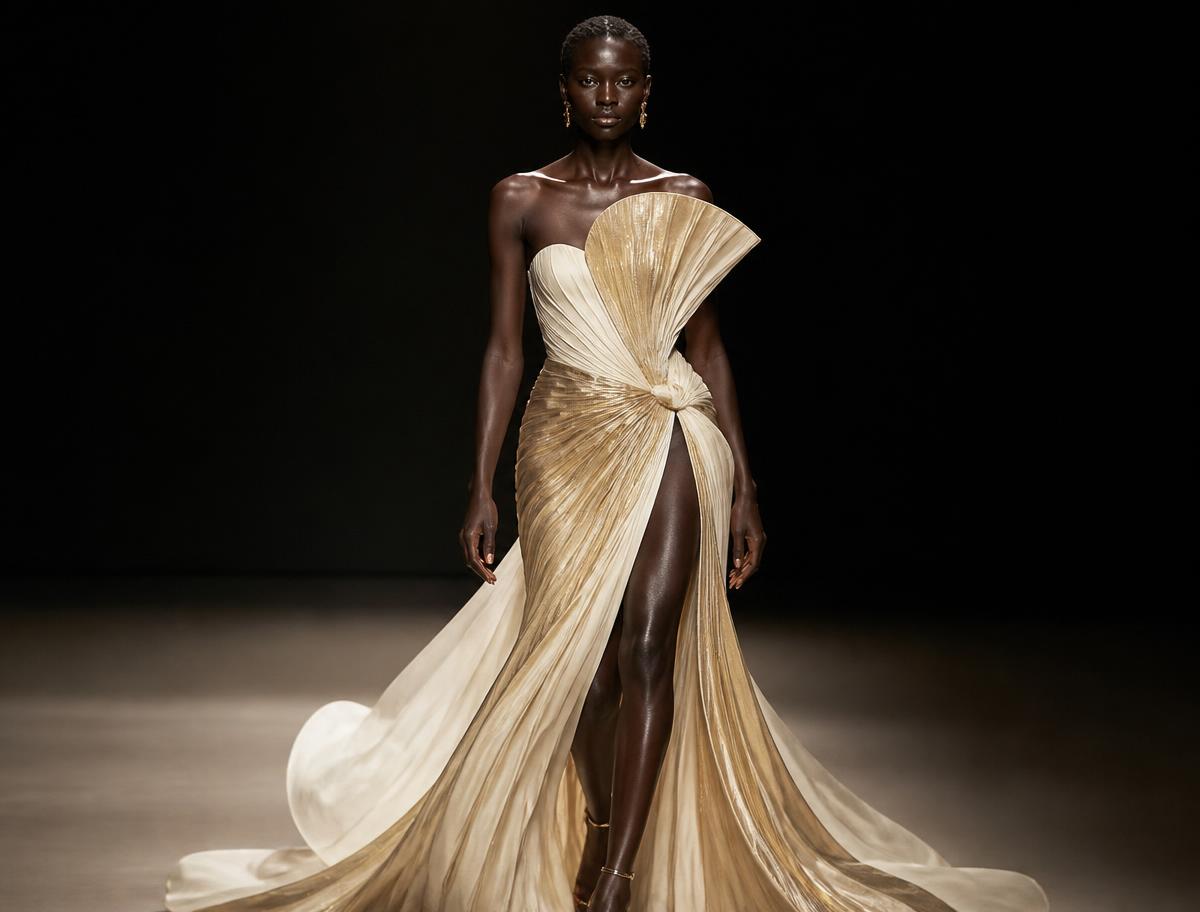 Model on the runway in a sculptural ivory and gold couture gown